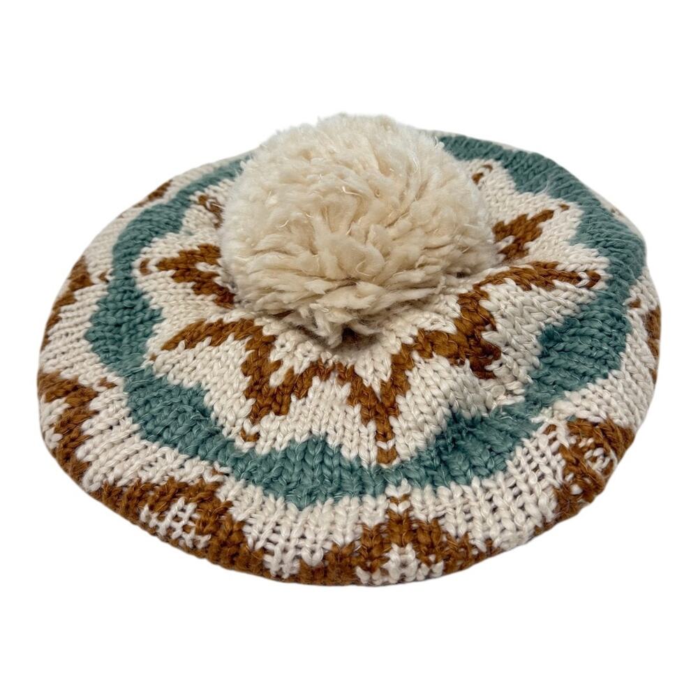 Zara Knit Pom Pom Beanie Cream Tan Green Chevron‎ Chunky Slouchy OS